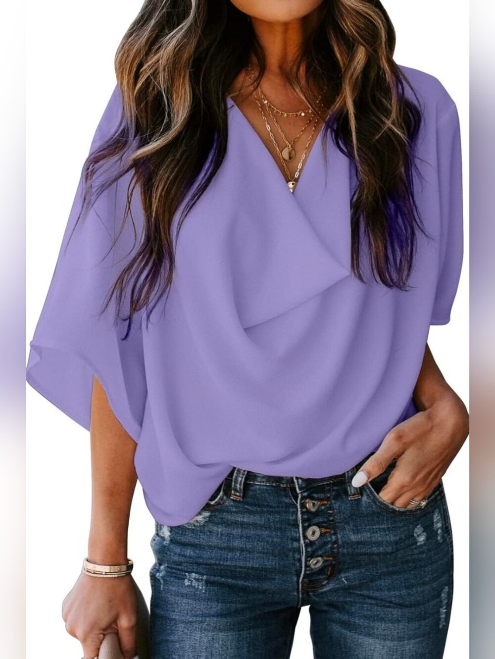 Purple V-Neck Draped Chiffon Blouse - Women